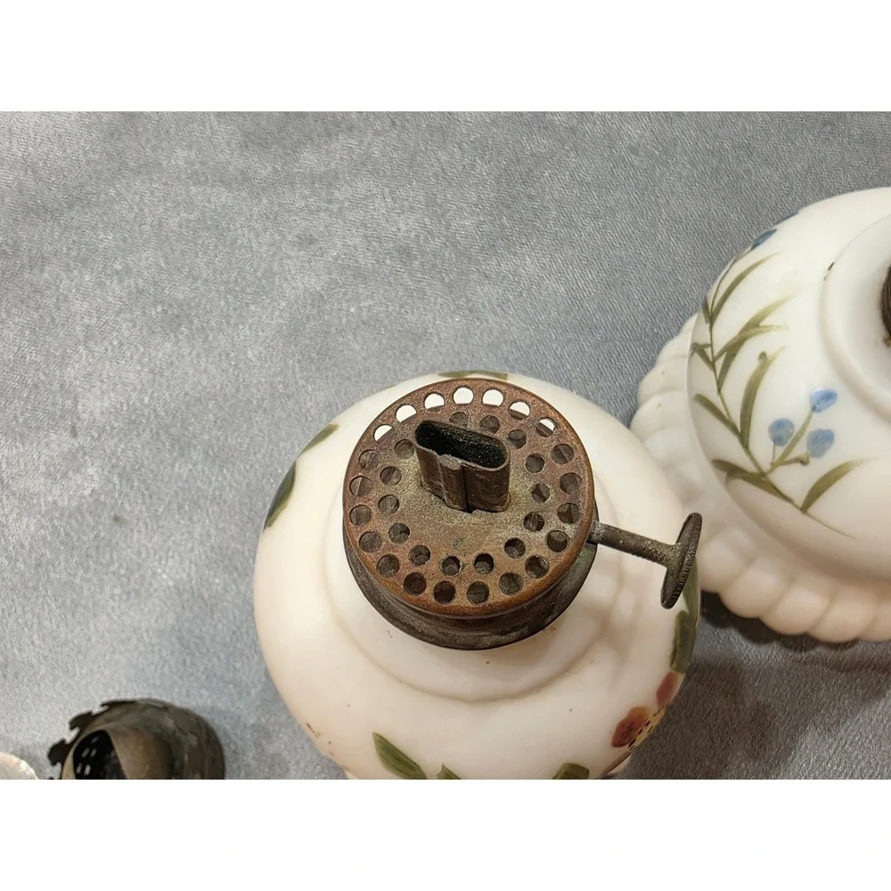 Vintage Miniature Milk Glass Oil Lamps Pair Hand Painted Floral 8.5 Inch Set